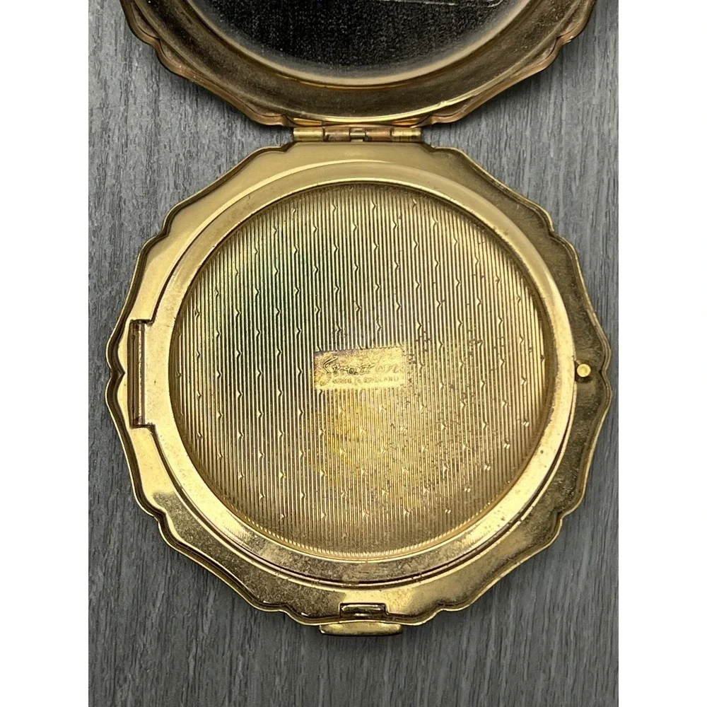 Vintage Stratton Compact Gold Black Stripe Enamel Powder Mirror England w/Bag‎